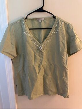 Bogari Light Green V-Neck Embellished Short Sleeve Top
